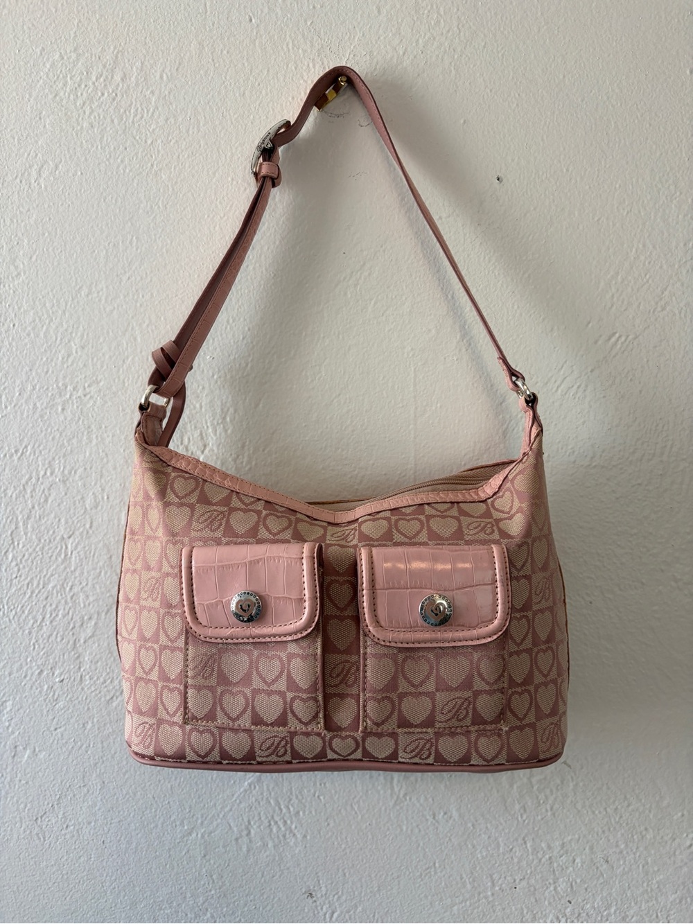 Brighton Pink Heart Jacquard Shoulder Bag with Front Flap Pockets